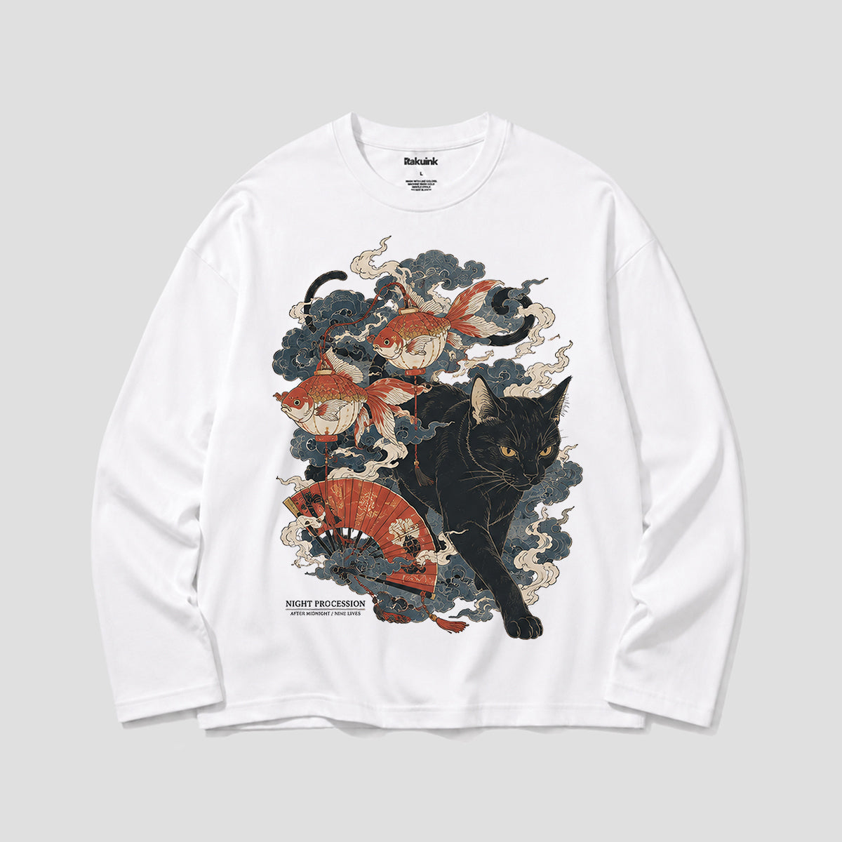 金魚と黒猫 和風グラフィック ロングスリーブTシャツ