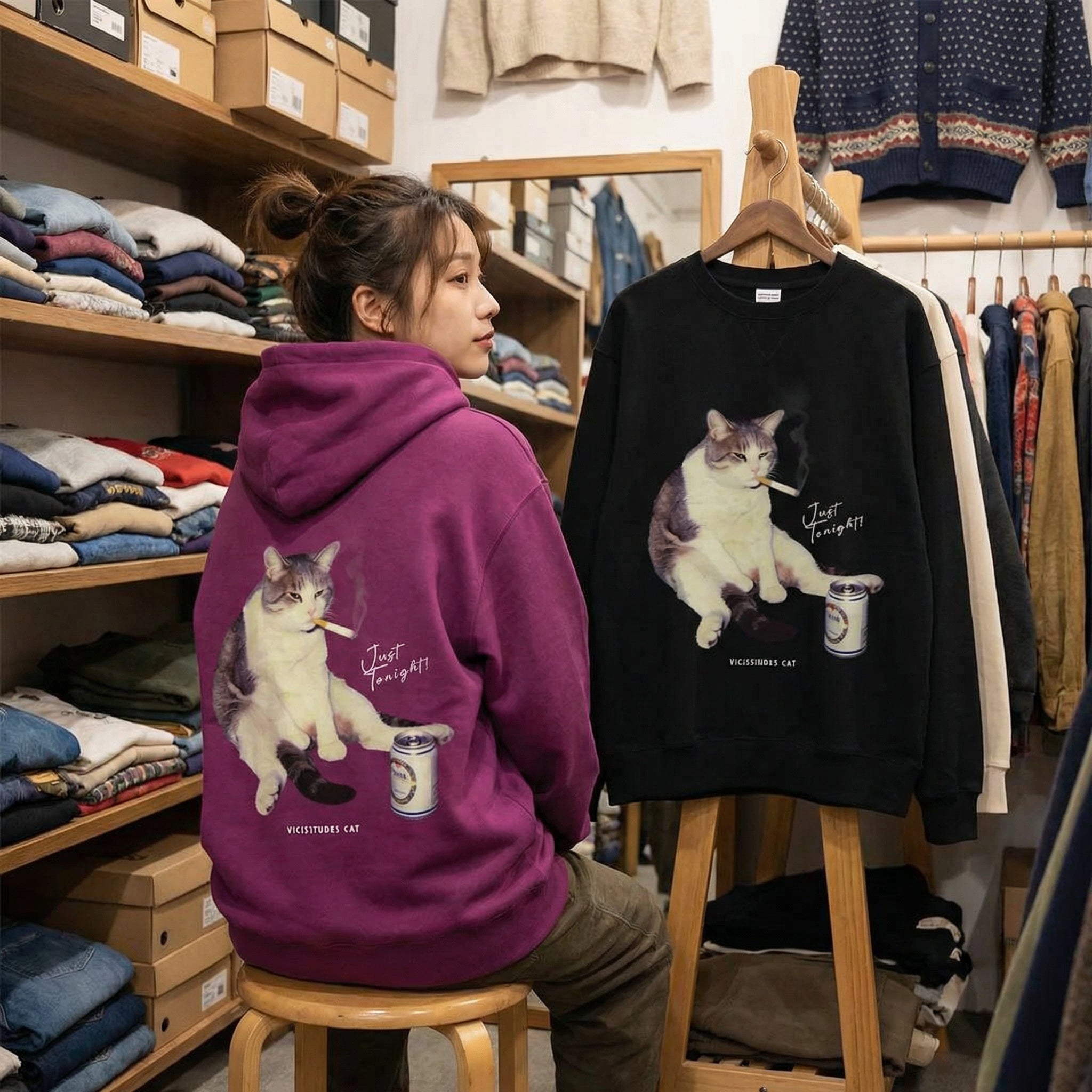 夜更かし猫｜スウェットとパーカーで楽しむグラフィック