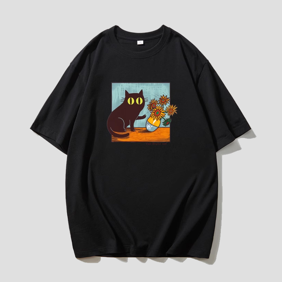 ゴッホのひまわりと黒猫Tシャツ