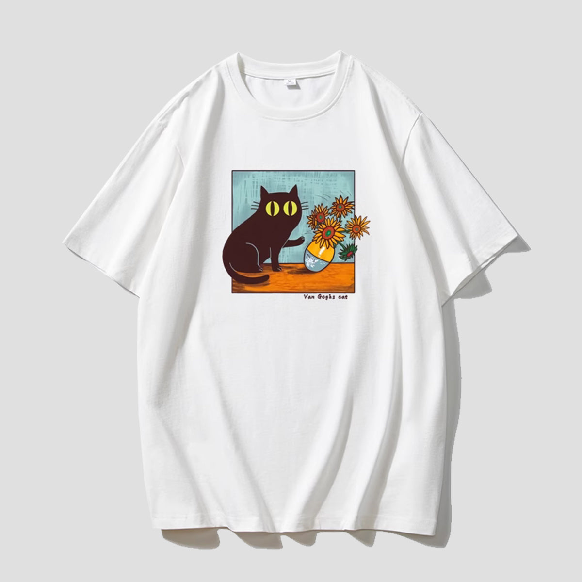ゴッホのひまわりと黒猫Tシャツ