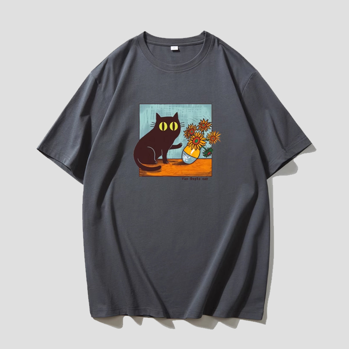 ゴッホのひまわりと黒猫Tシャツ