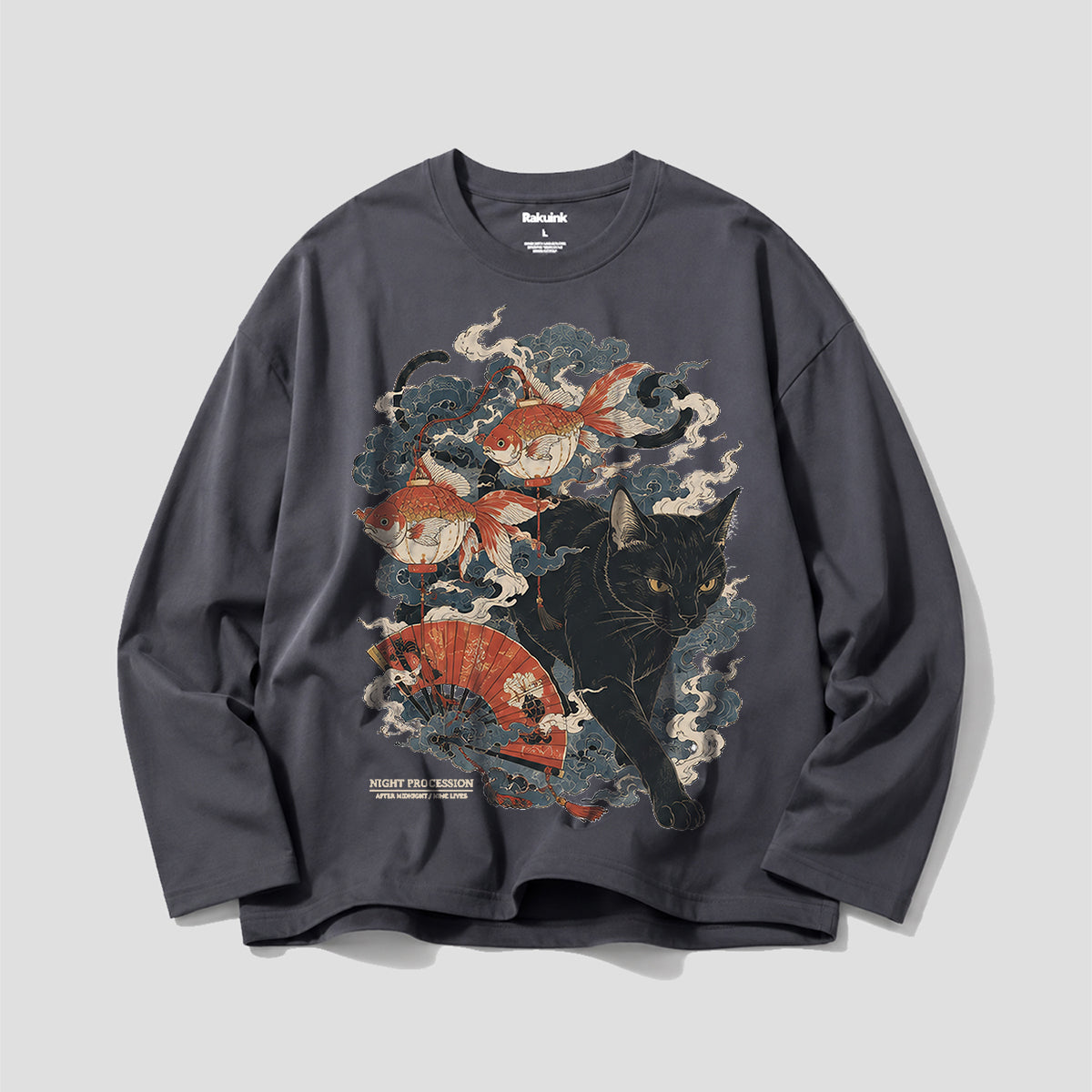 金魚と黒猫 和風グラフィック ロングスリーブTシャツ