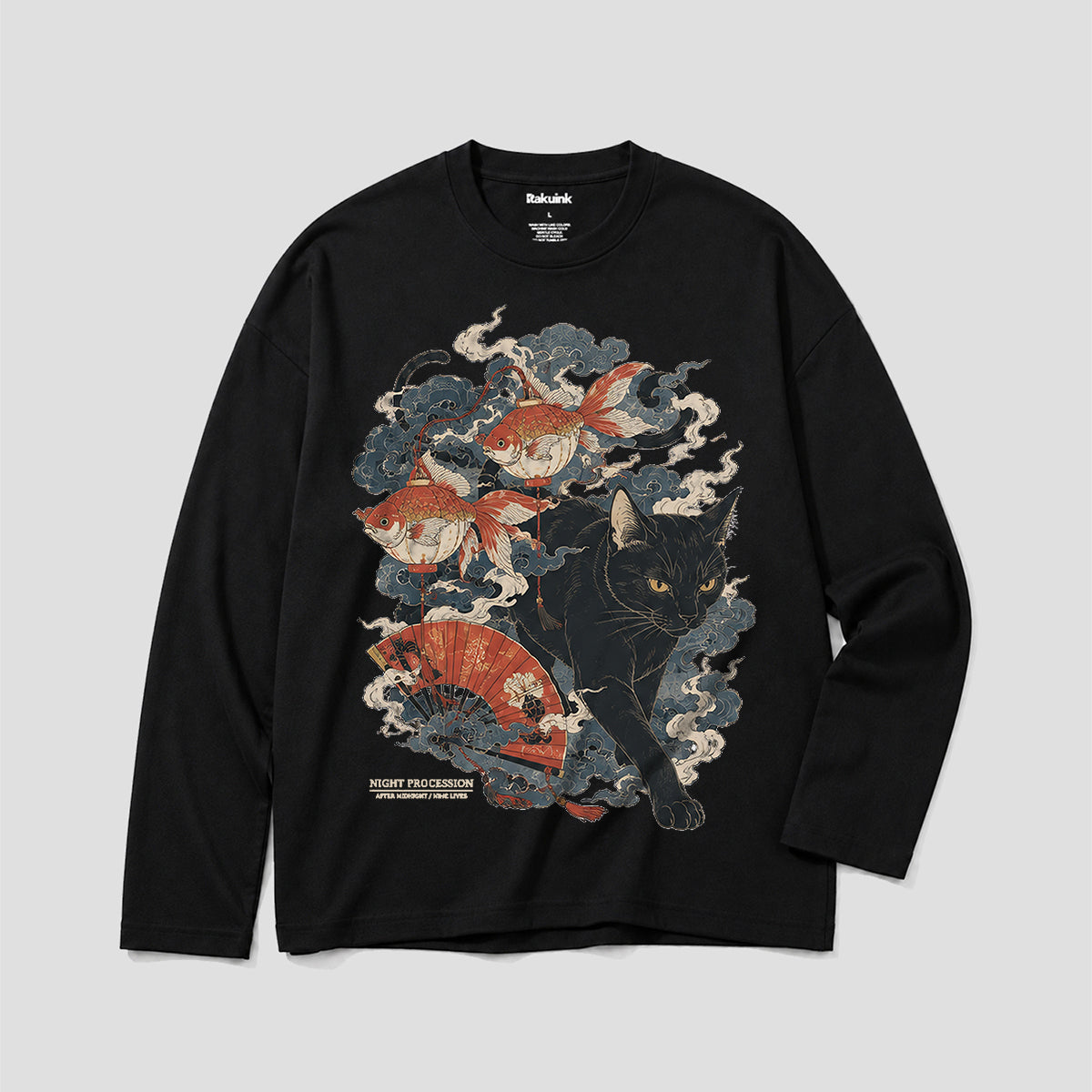 金魚と黒猫 和風グラフィック ロングスリーブTシャツ