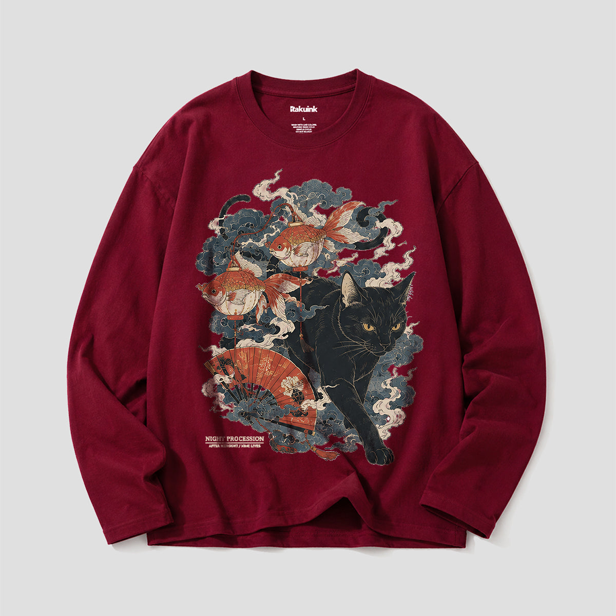 金魚と黒猫 和風グラフィック ロングスリーブTシャツ