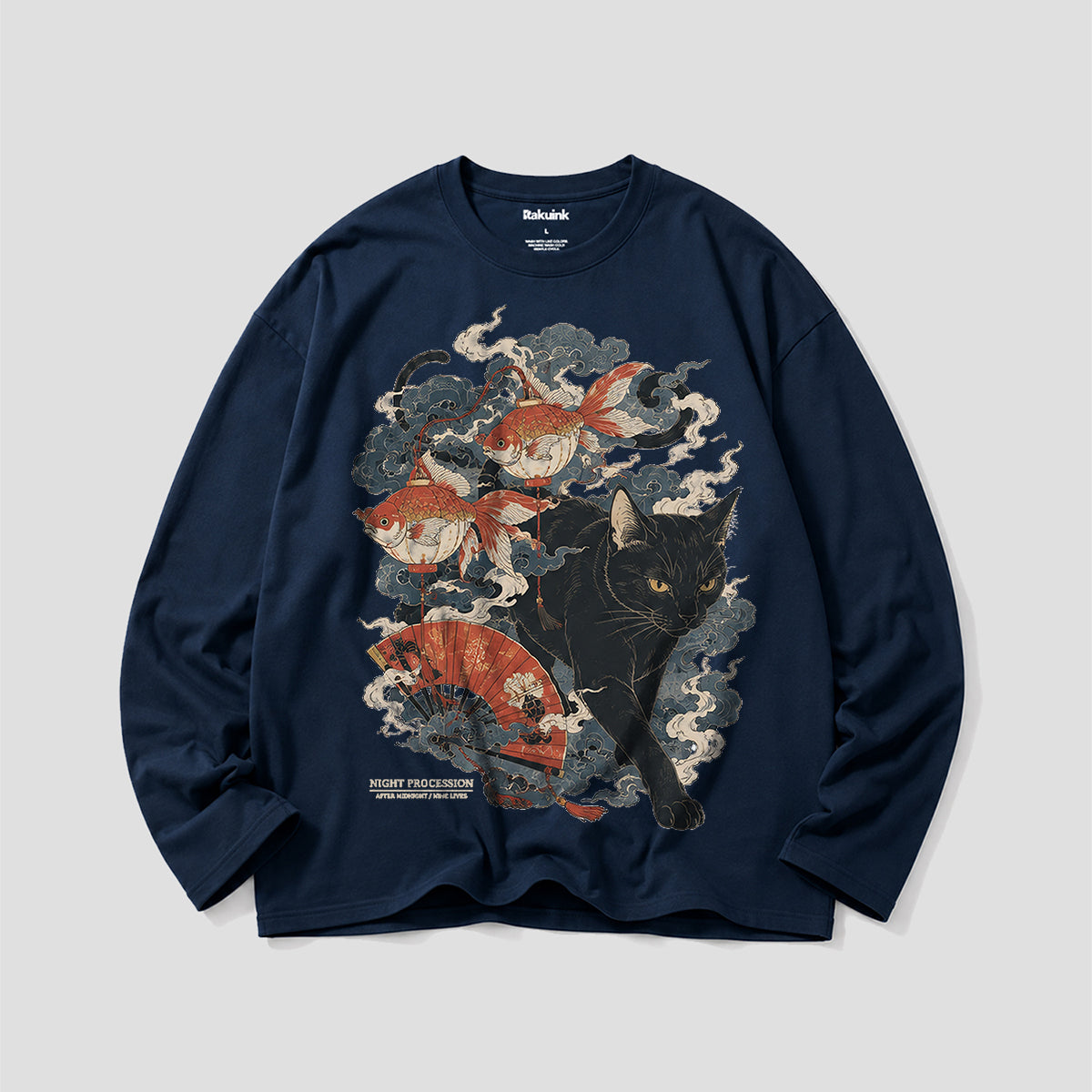 金魚と黒猫 和風グラフィック ロングスリーブTシャツ